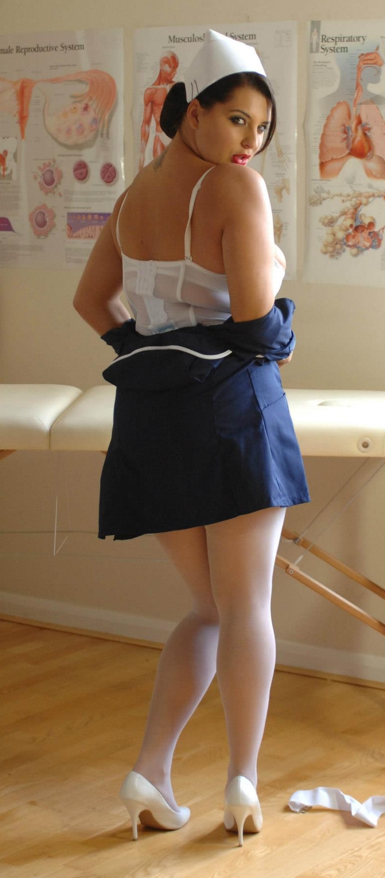 Brunette BBW Nurse wearing White Sheer Pantyhose and Blue Short Dress